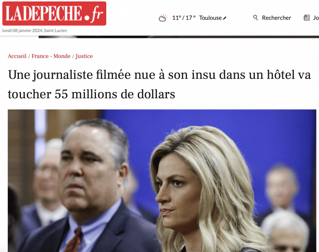 Une journaliste filmée nue à son insu dans un hôtel va toucher 55 millions de dollars